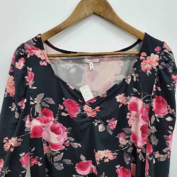 NWT Black Pink Floral Long Sleeve Sweetheart Neck Stretch Romantic Top Womens 0X - Picture 9 of 15